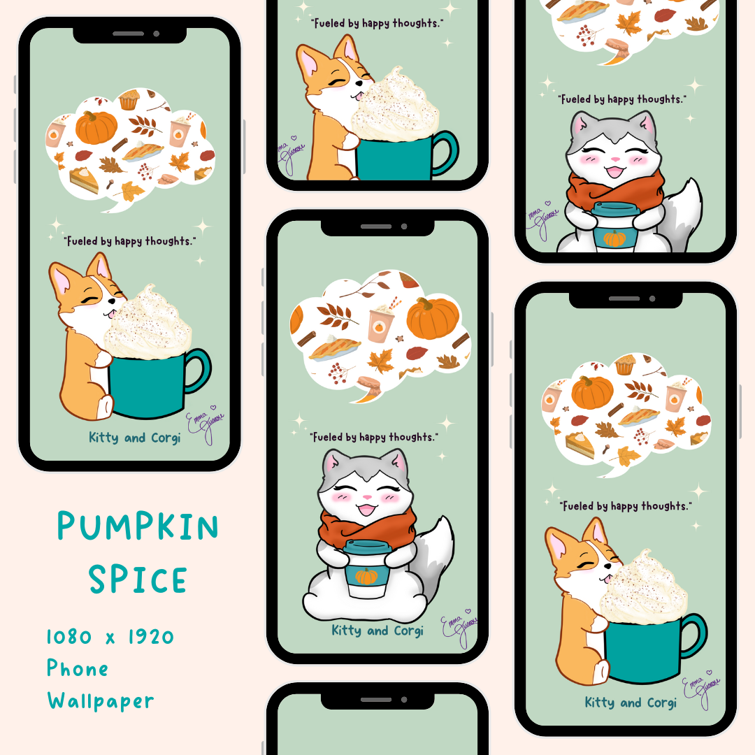 Phone Wallpaper Fueled by Happy Thoughts Pumpkin Season Kitty and Corgi bundle