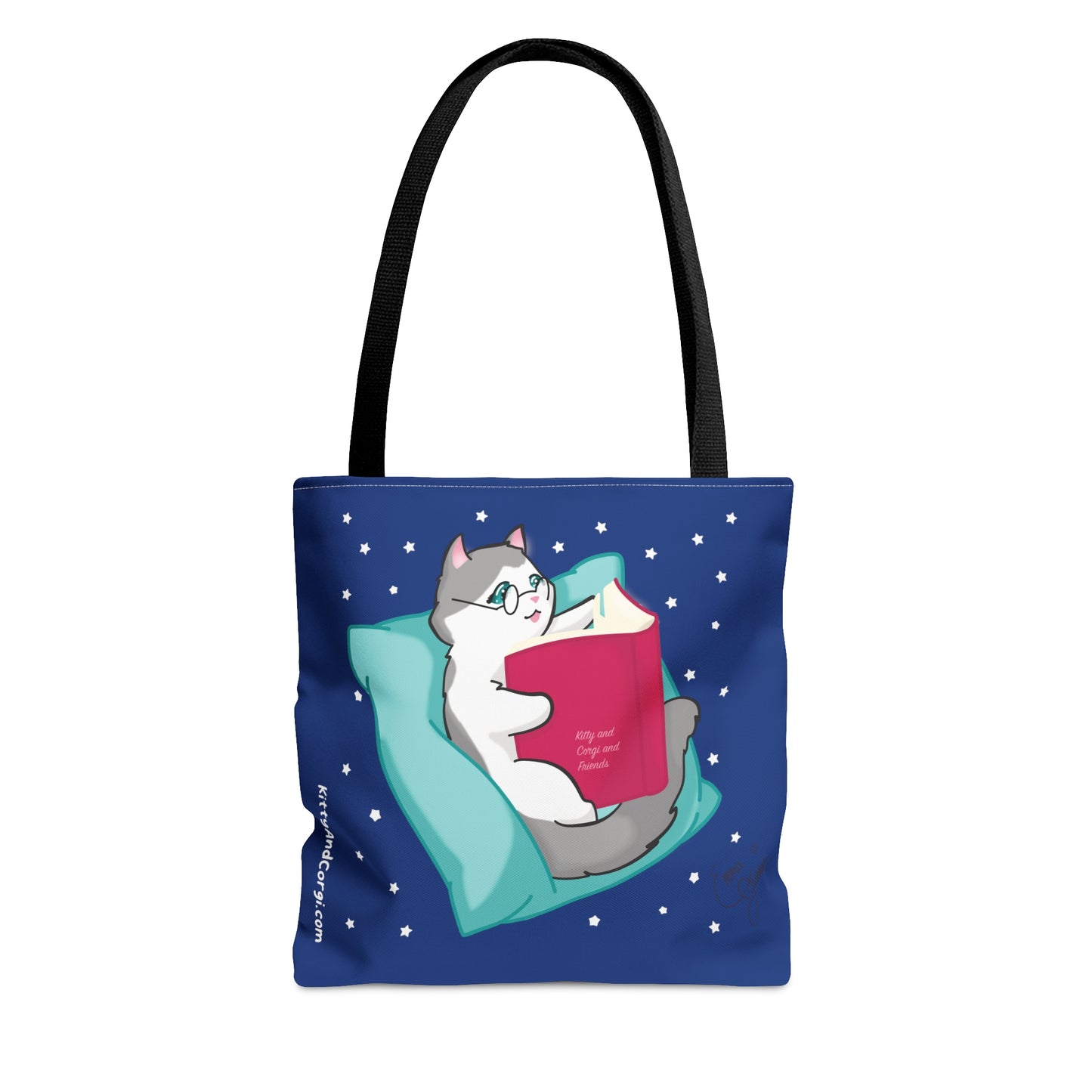Kitty Reading a Book - single design - Midnight Blue Tote Bag (AOP)