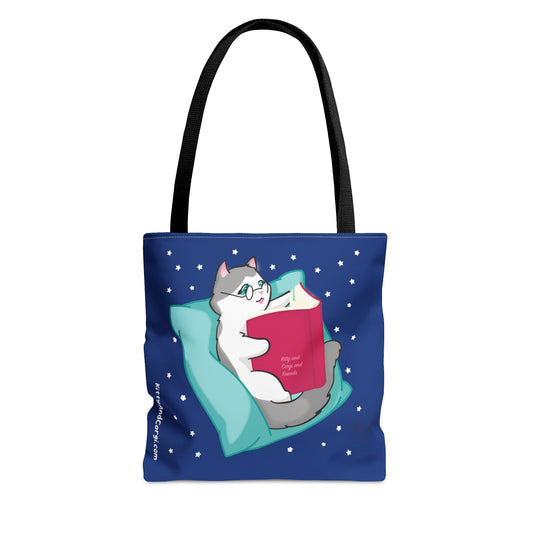 Kitty Reading a Book - single design - Midnight Blue Tote Bag (AOP)