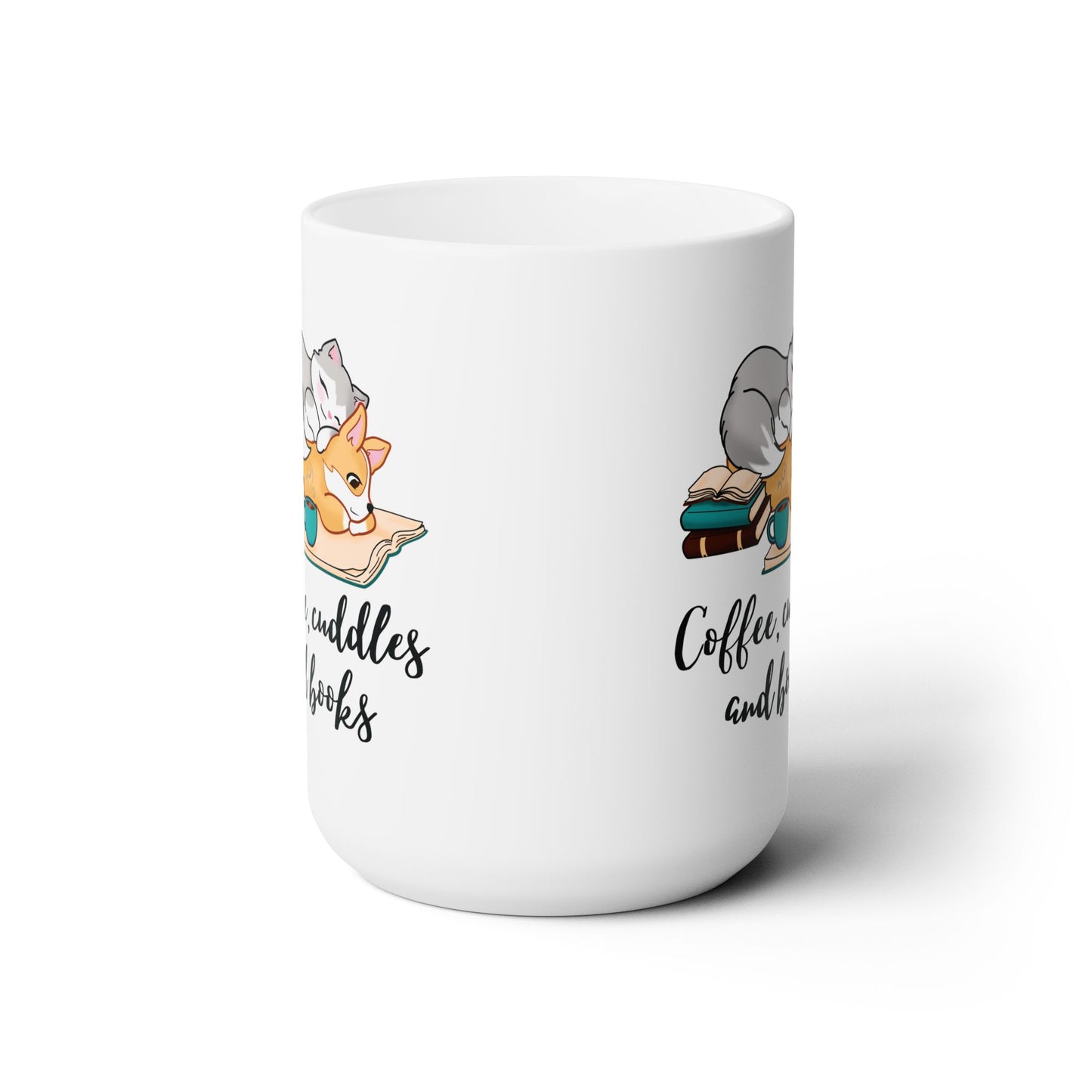 Kitty and Corgi Coffee, Cuddles and Books Mug - 15 oz