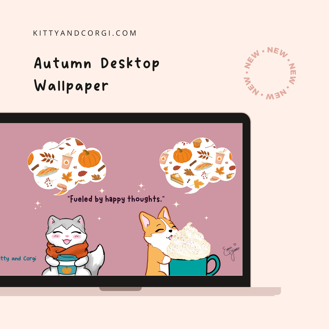 Fueled by Happy Thoughts Kitty and Corgi Pumpkin Season - Best Friends 4K Desktop Wallpaper