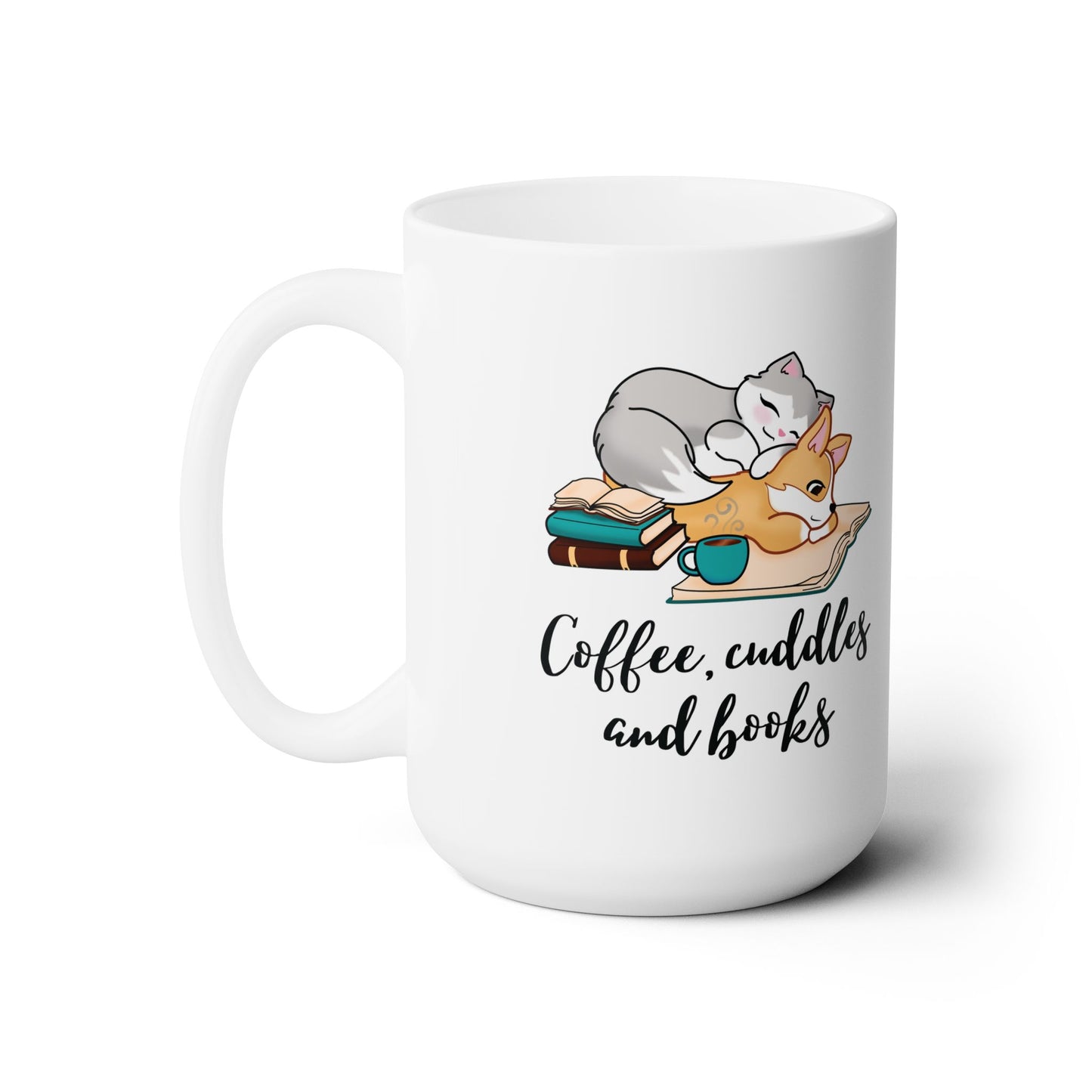 Kitty and Corgi Coffee, Cuddles and Books Mug - 15 oz