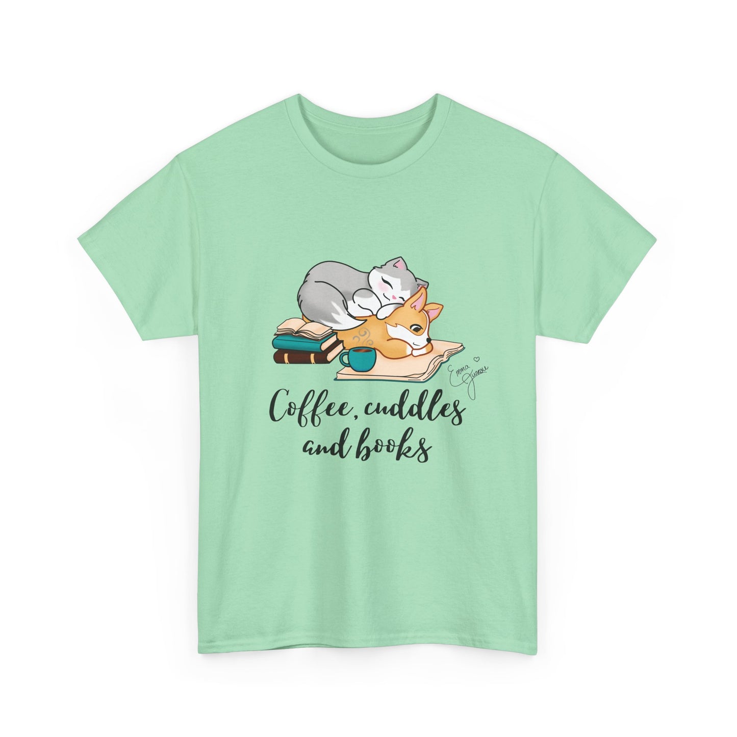 Kitty and Corgi Coffee Cuddles and Books Unisex Heavy Cotton Tee