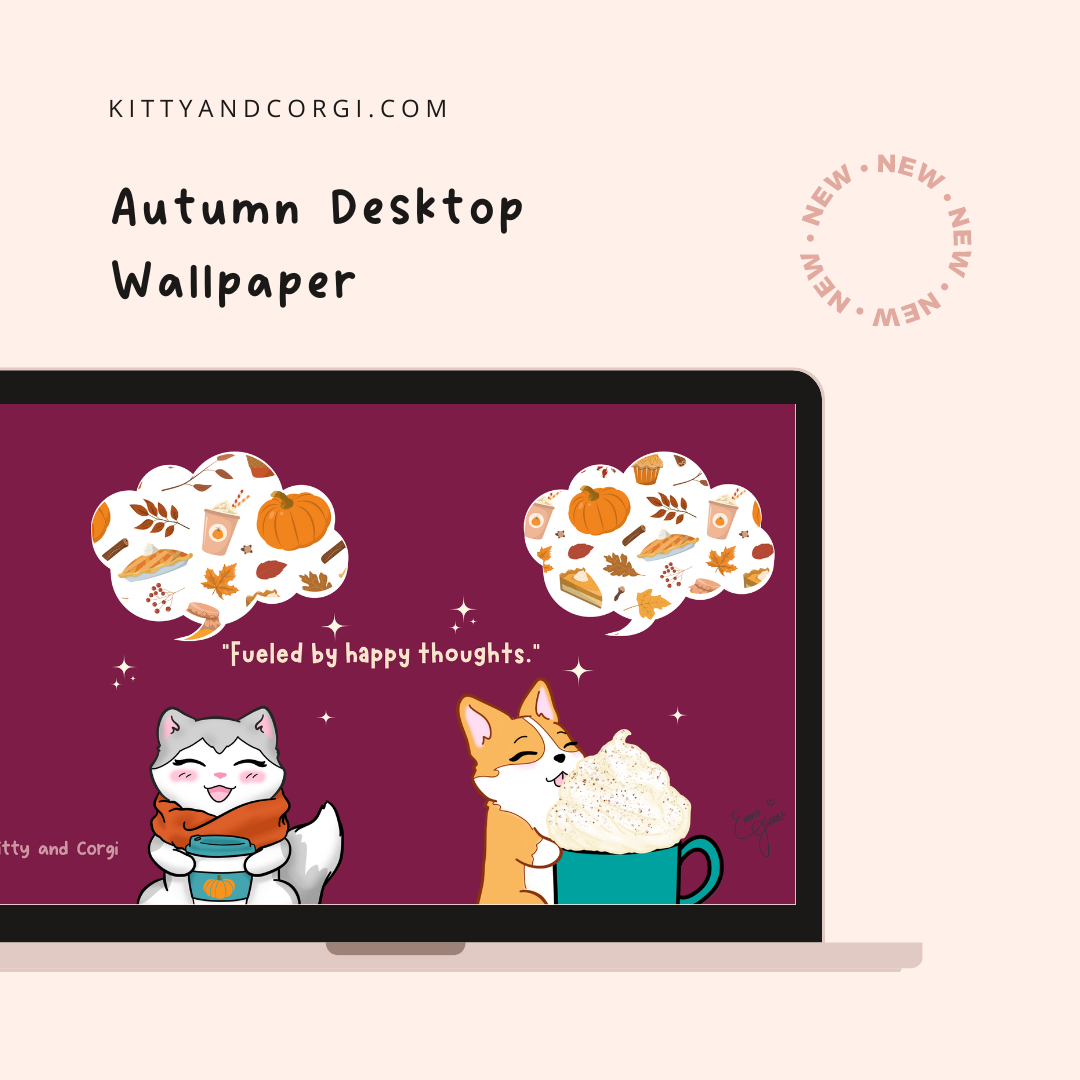 Fueled by Happy Thoughts Kitty and Corgi Pumpkin Season - Best Friends 4K Desktop Wallpaper