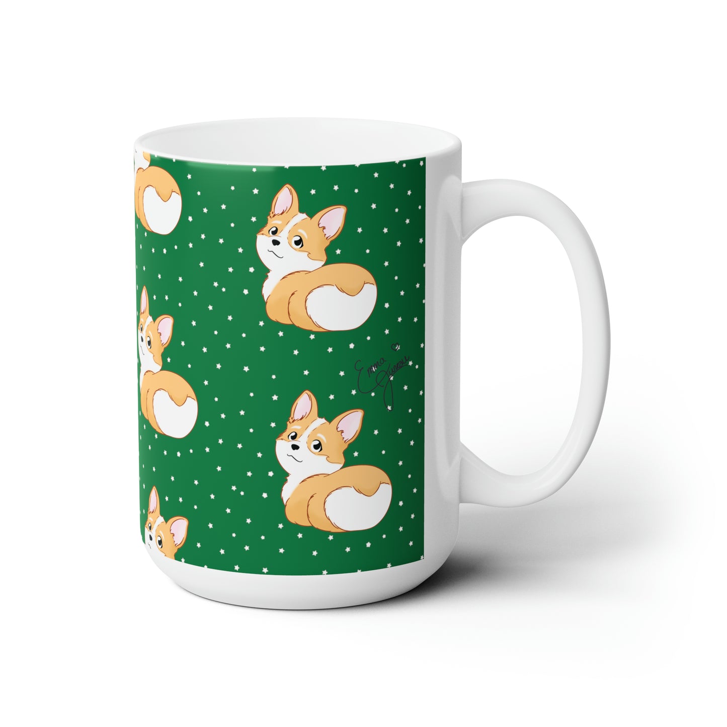 Corgi Butt Patterned Ceramic Mug - Christmas Green with stars - 15oz