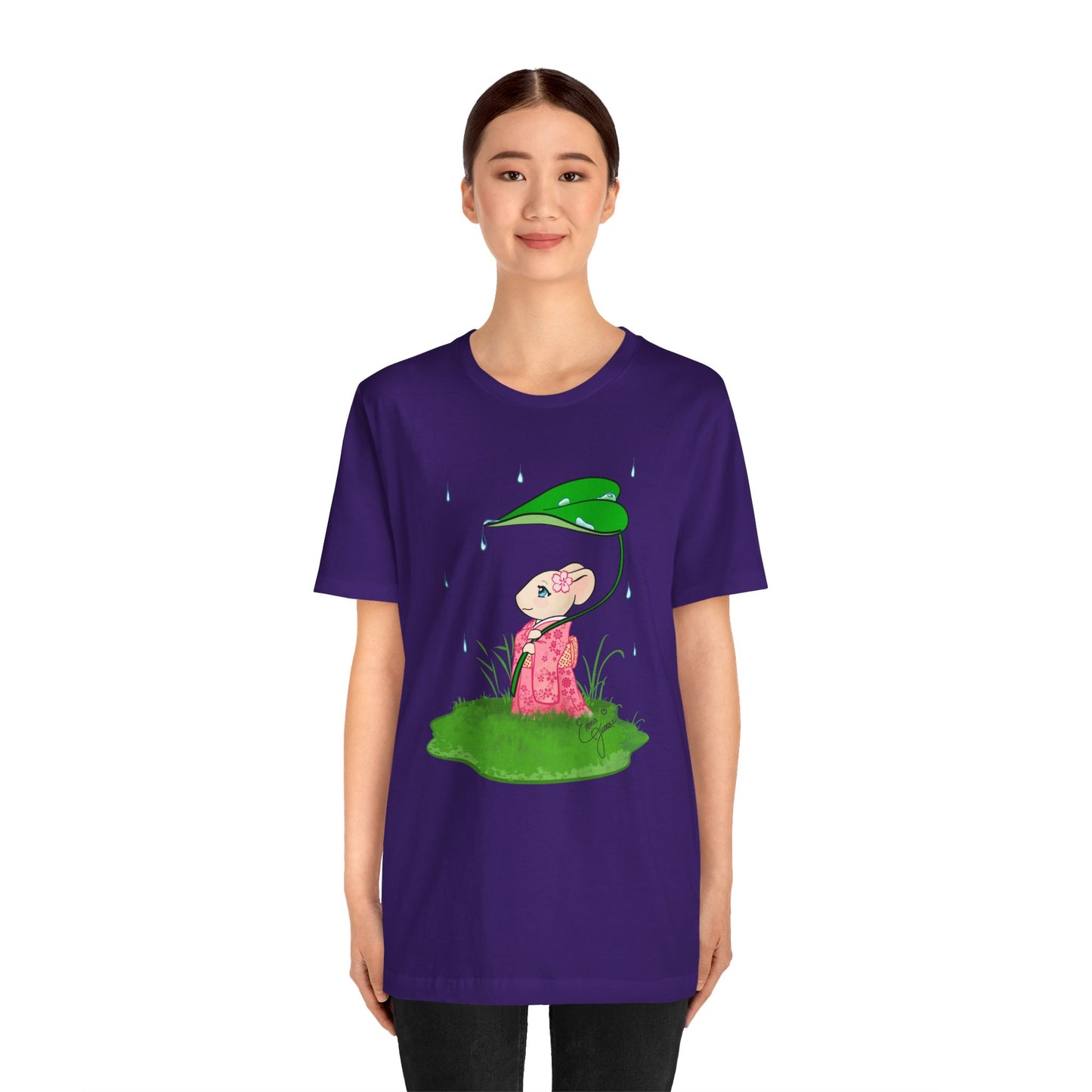 Sakura Mousie with a Leaf Umbrella on a Rainy Day - Super Soft Cotton Airlume Unisex T-Shirt (Large Graphic)