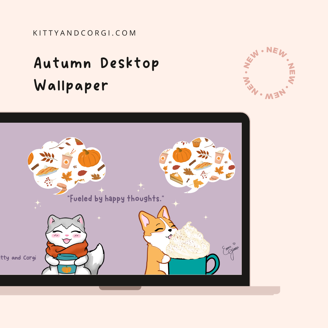 Fueled by Happy Thoughts Kitty and Corgi Pumpkin Season - Best Friends 4K Desktop Wallpaper