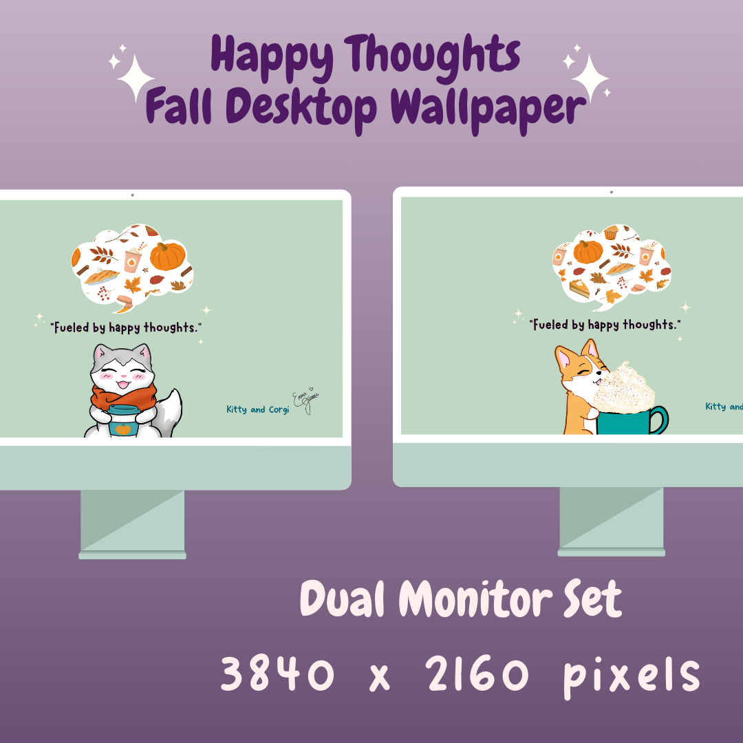 Fueled by Happy Thoughts Kitty and Corgi Pumpkin Season - Dual Monitor 4K Desktop Wallpaper