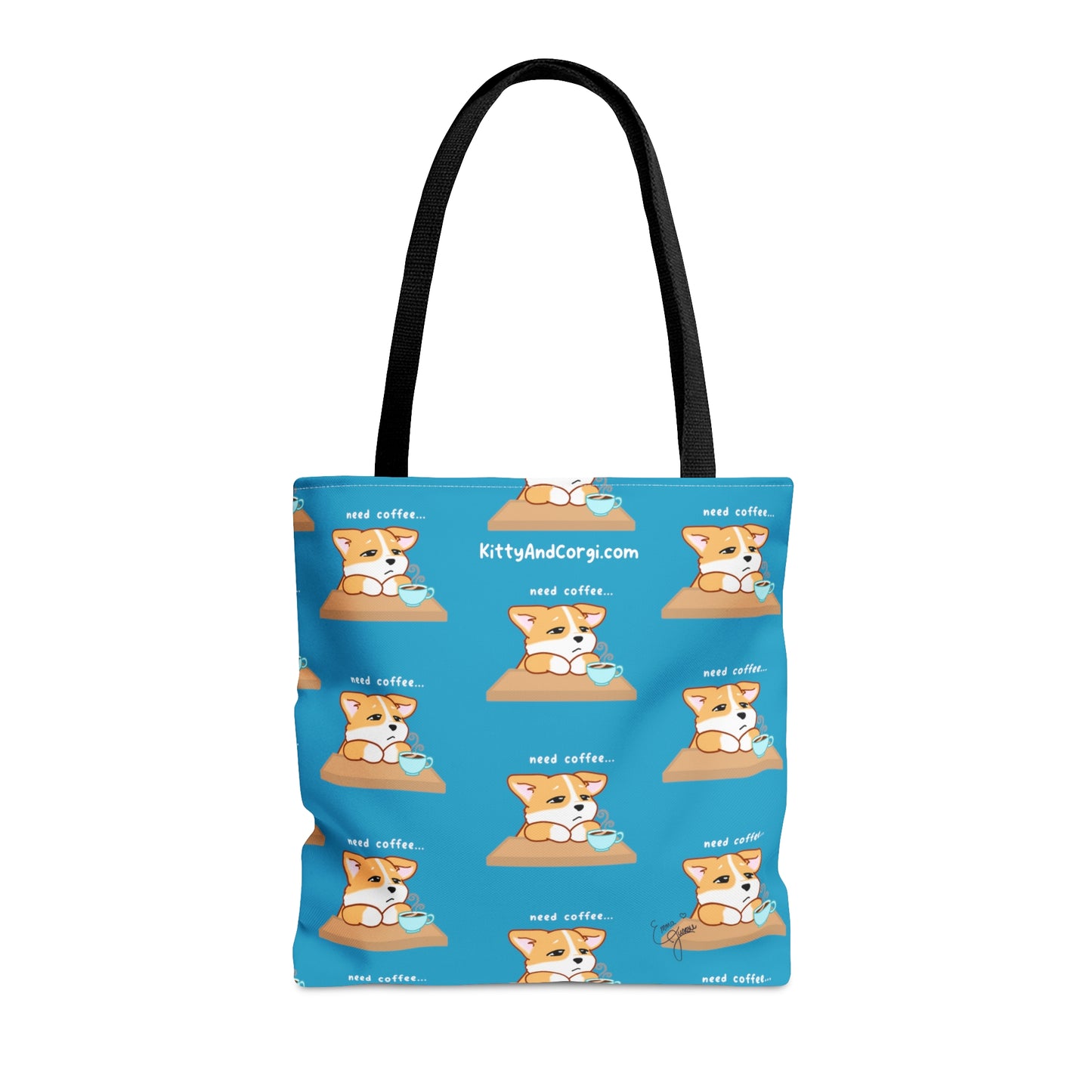 Corgi Needs Coffee - Repeating Pattern in Turquoise - Tote Bag