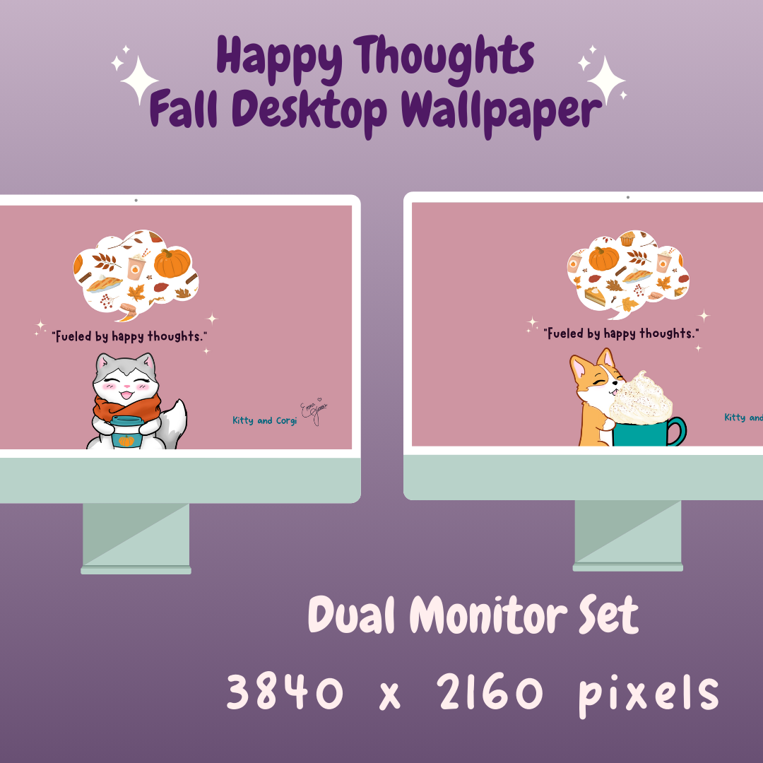 Fueled by Happy Thoughts Kitty and Corgi Pumpkin Season - Dual Monitor 4K Desktop Wallpaper