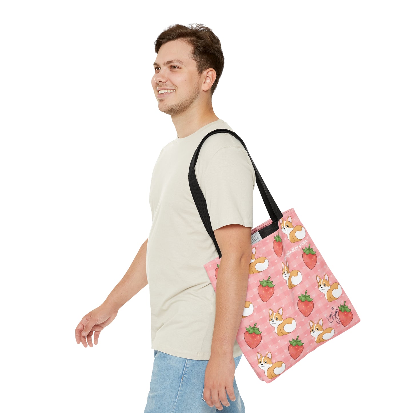 Corgi Butt and Strawberries Pink Heart Gingham Tote Bag