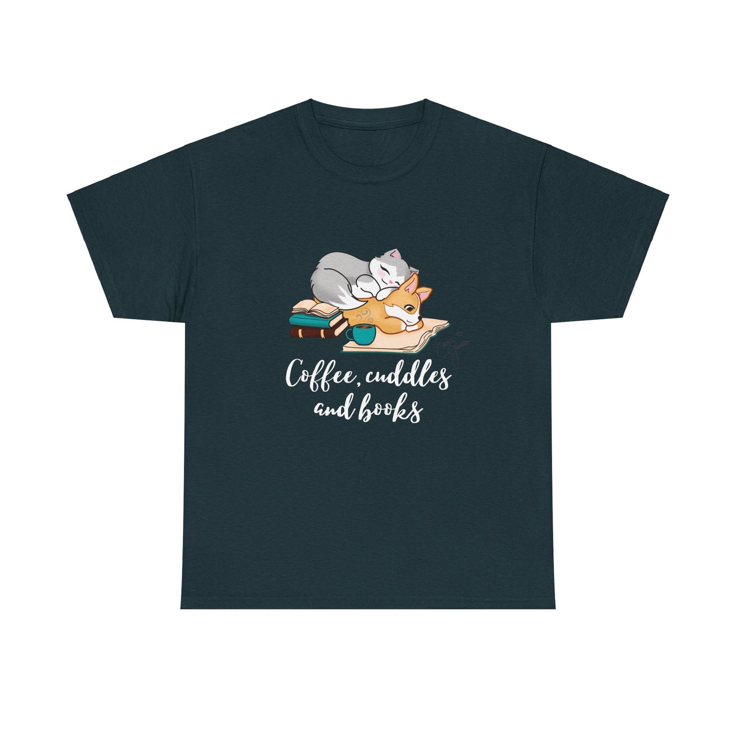 Kitty and Corgi Coffee Cuddles and Books Unisex Heavy Cotton Tee