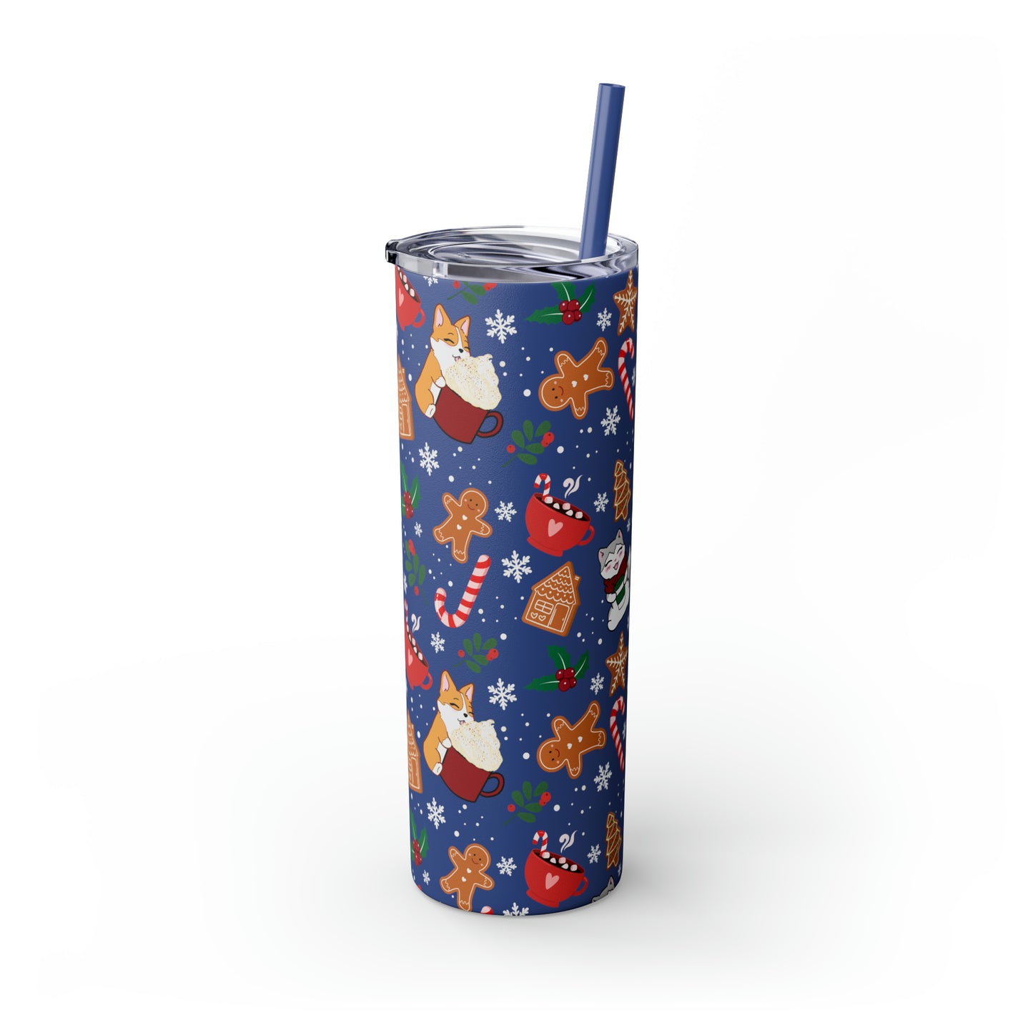 Kitty and Corgi Cocoa and Gingerbread Christmas - Skinny Tumbler with Straw, 20oz