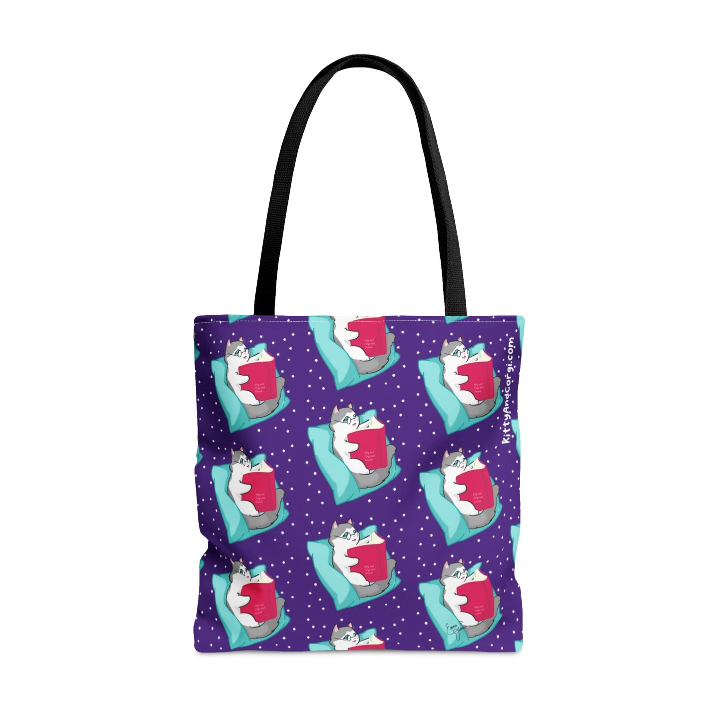 Kitty Reading a Book - Repeating Pattern in Dark Purple - Tote Bag (AOP)