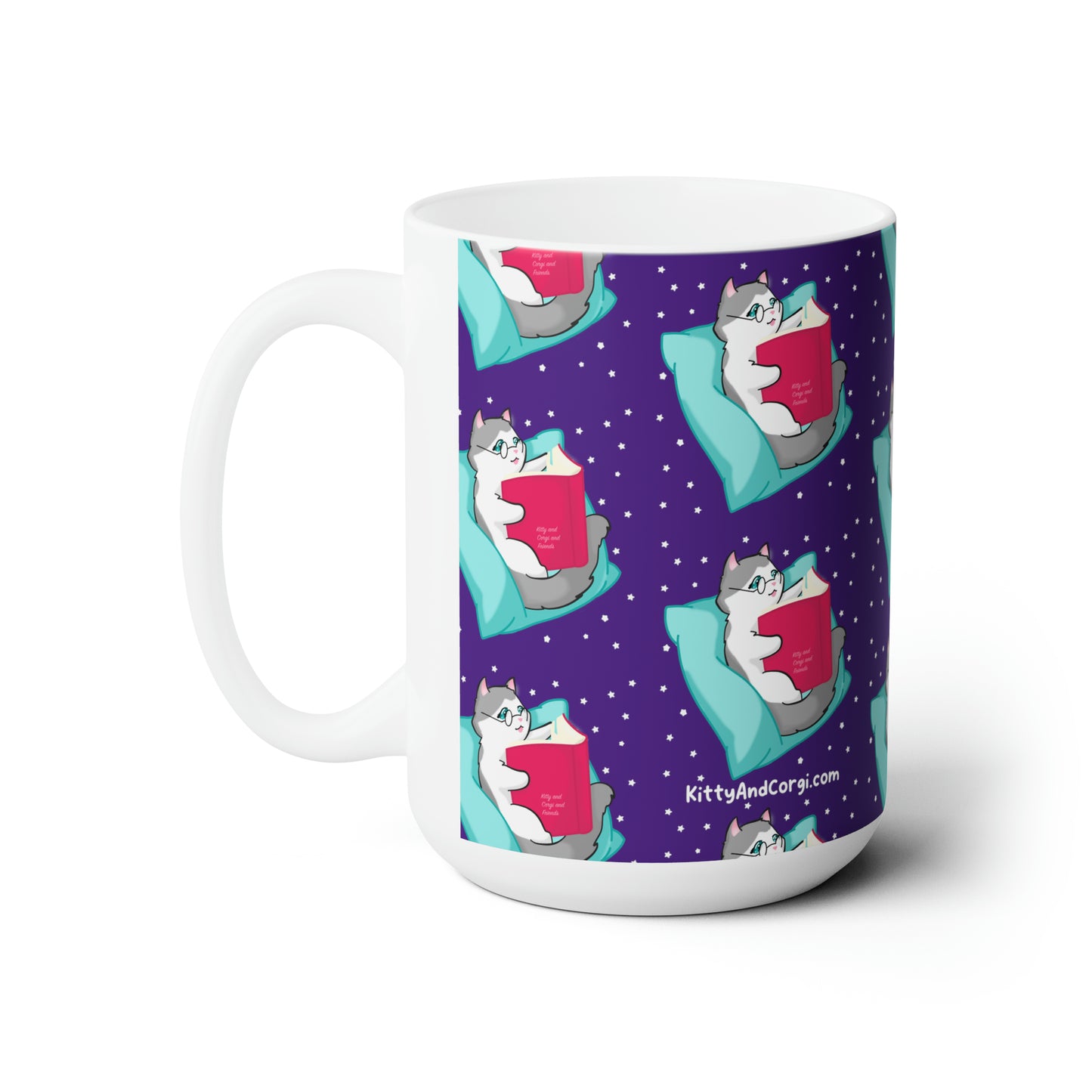 Kitty Reading a Book - Patterned Purple Ceramic Mug 15oz