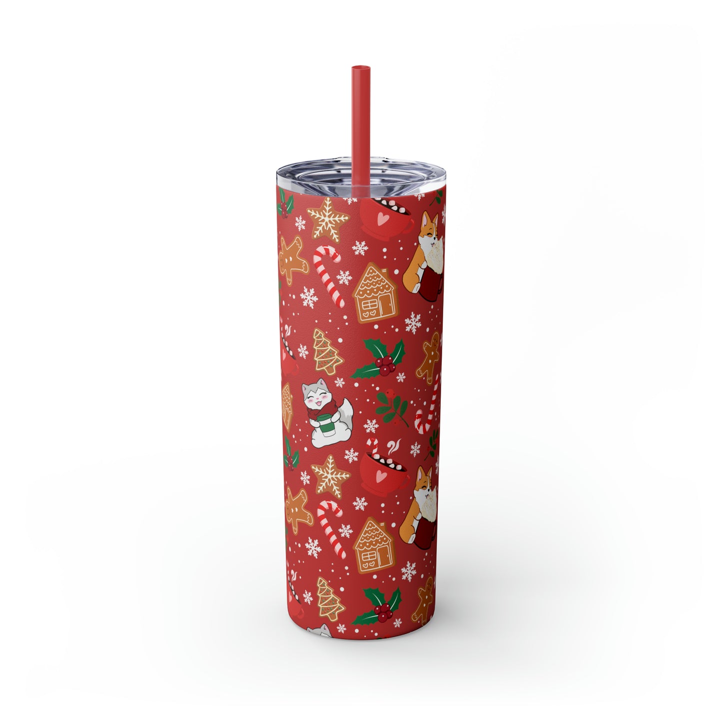 Kitty and Corgi Cocoa and Gingerbread Christmas - Skinny Tumbler with Straw, 20oz