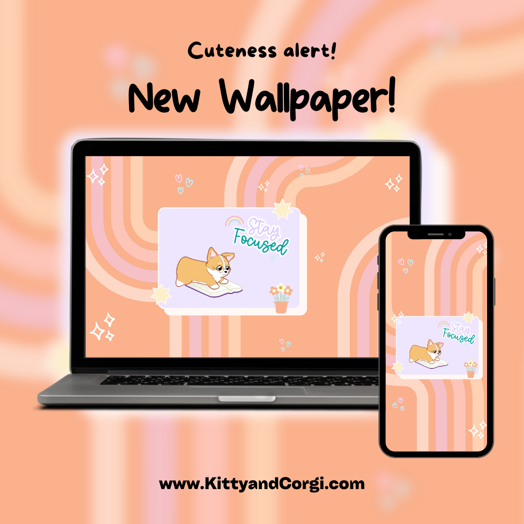 Corgi Retro Inspired Desktop Wallpaper - Stay Focused - Various Colors