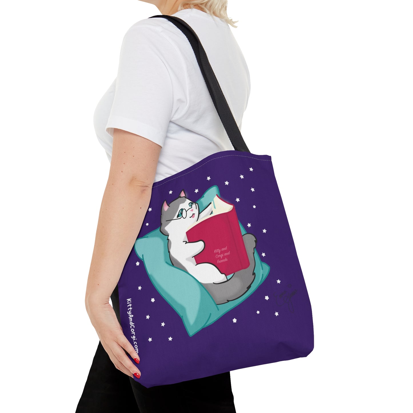 Kitty Reading a Book - single design - Dark Purple Tote Bag (AOP)