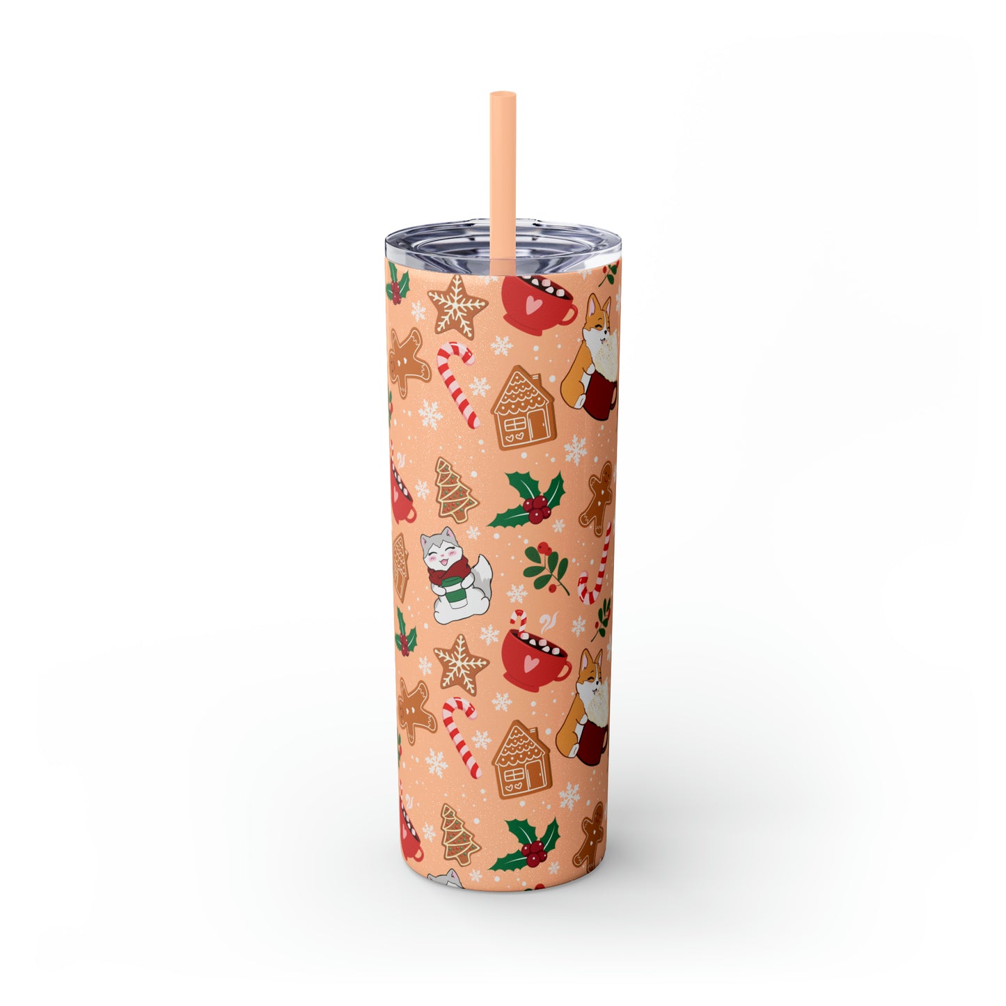 Kitty and Corgi Cocoa and Gingerbread Christmas - Skinny Tumbler with Straw, 20oz