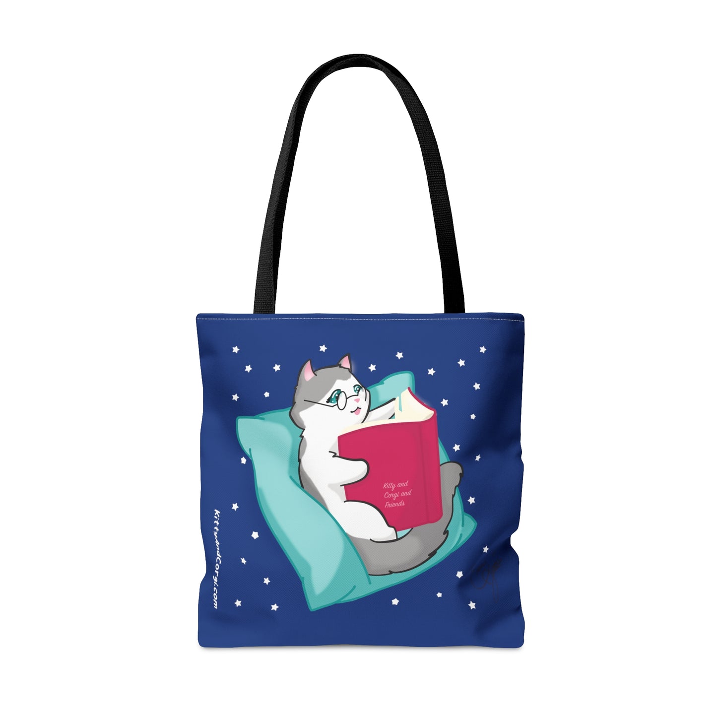 Kitty Reading a Book - single design - Midnight Blue Tote Bag (AOP)
