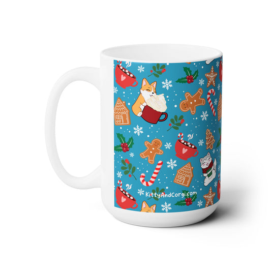 Kitty and Corgi Cocoa and Gingerbread Patterned Christmas Mug - 15 oz