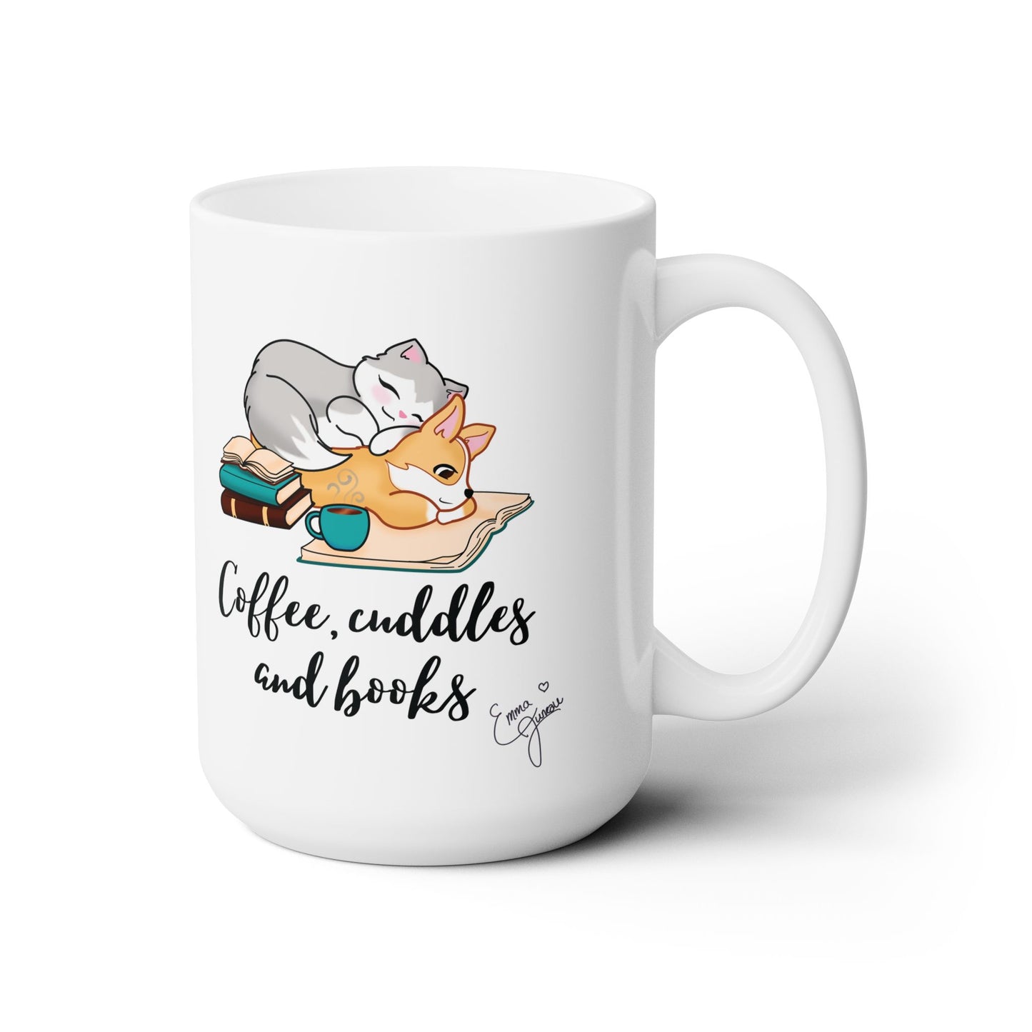 Kitty and Corgi Coffee, Cuddles and Books Mug - 15 oz