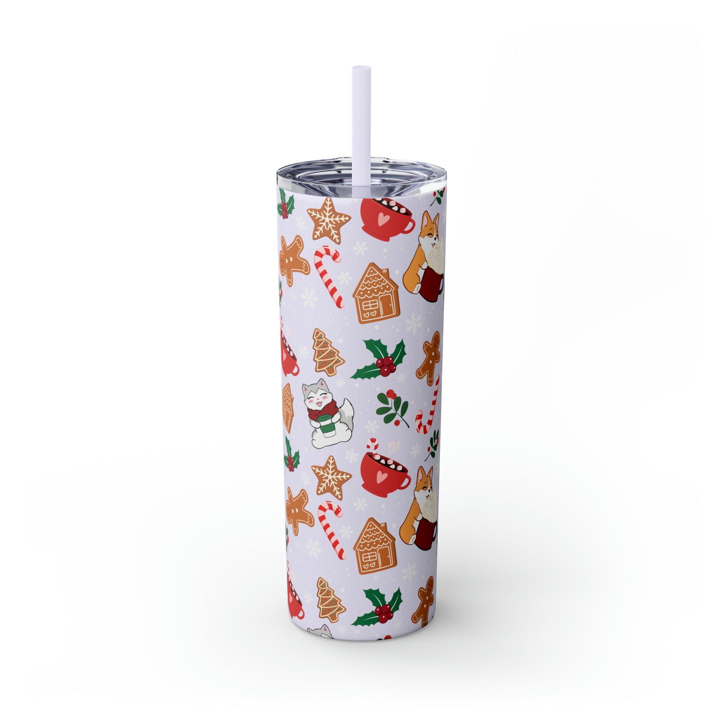 Kitty and Corgi Cocoa and Gingerbread Christmas - Skinny Tumbler with Straw, 20oz
