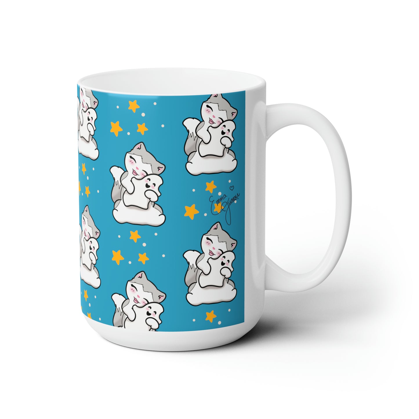 Kitty loves her Ghostie Pillow - Patterned Turquoise Halloween Mug - 15oz