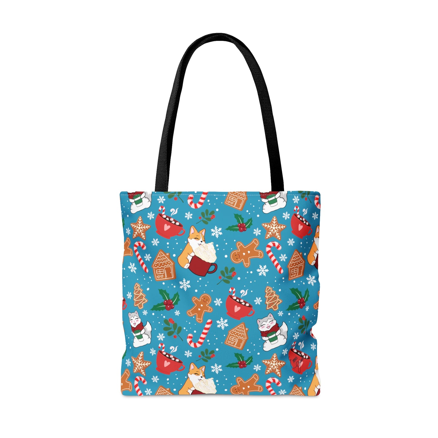 Kitty and Corgi Cocoa and Gingerbread Patterned Turquoise Tote Bag