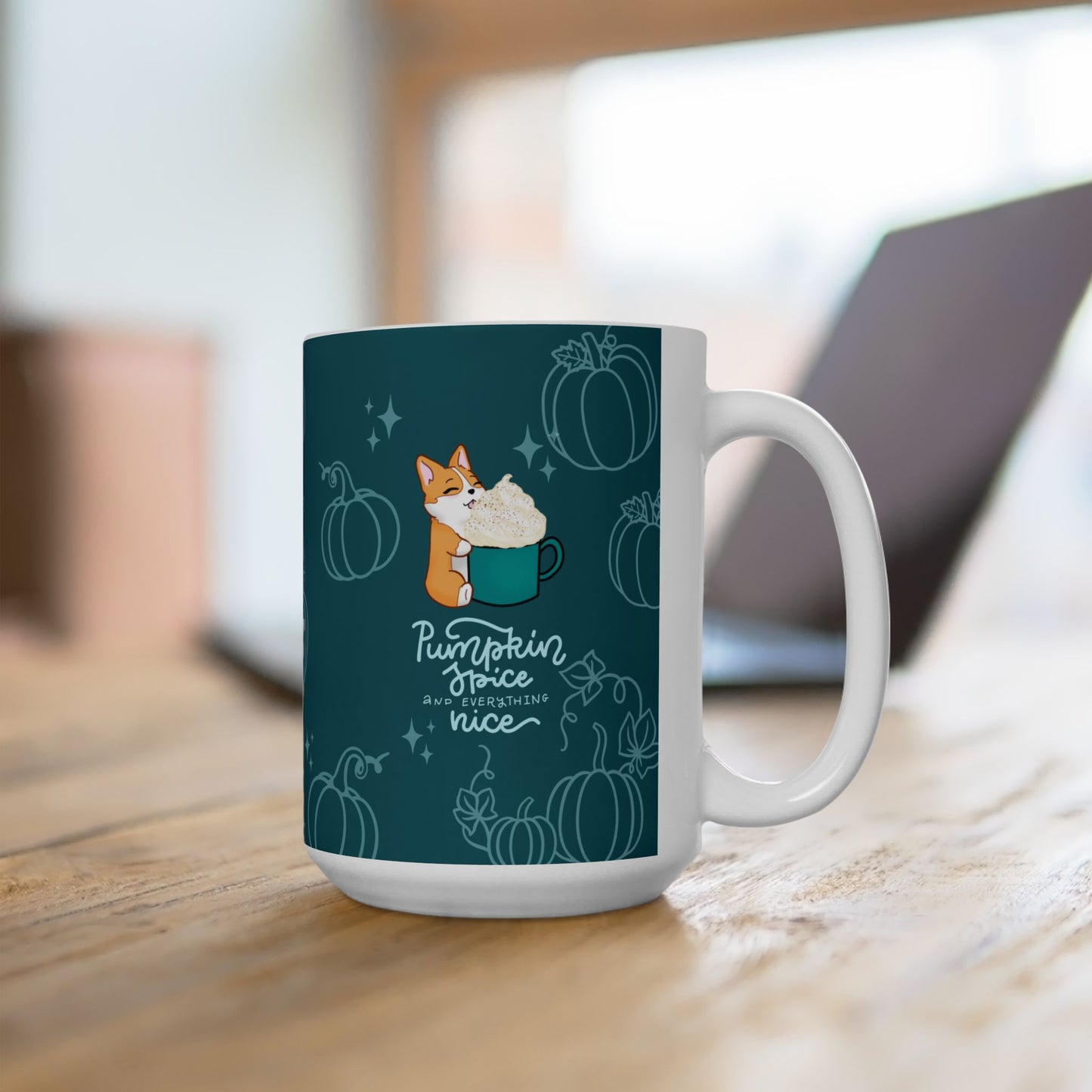 Kitty and Corgi Fueled by Happy Thoughts - Teal - 15 oz Mug