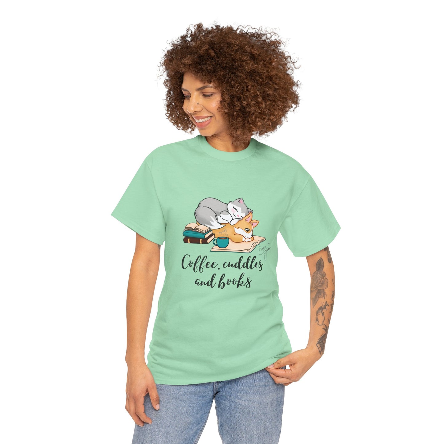 Kitty and Corgi Coffee Cuddles and Books Unisex Heavy Cotton Tee