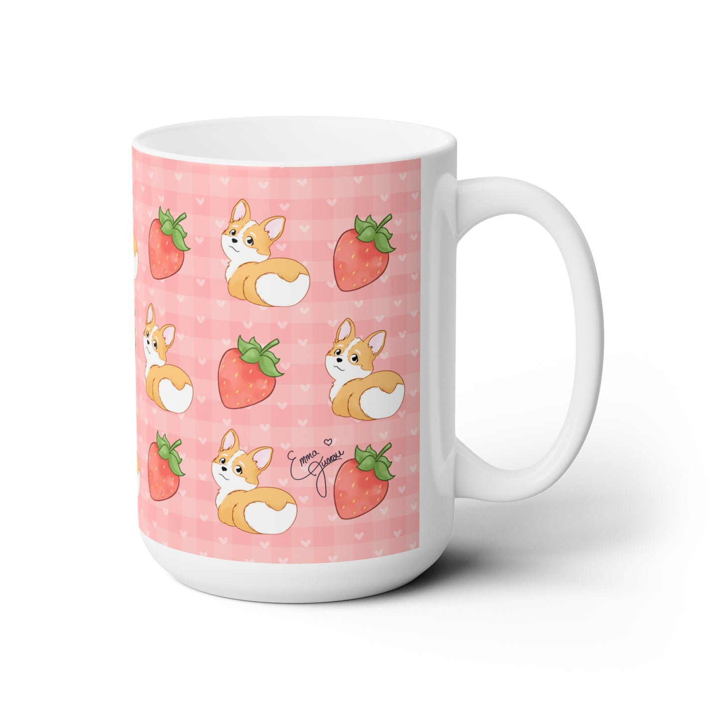 Corgi Butt and Strawberries Pink Heart Gingham 15 oz Mug