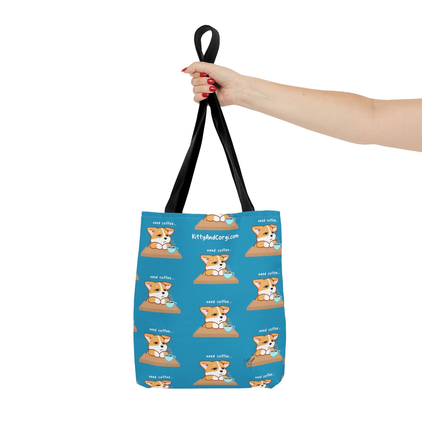 Corgi Needs Coffee - Repeating Pattern in Turquoise - Tote Bag