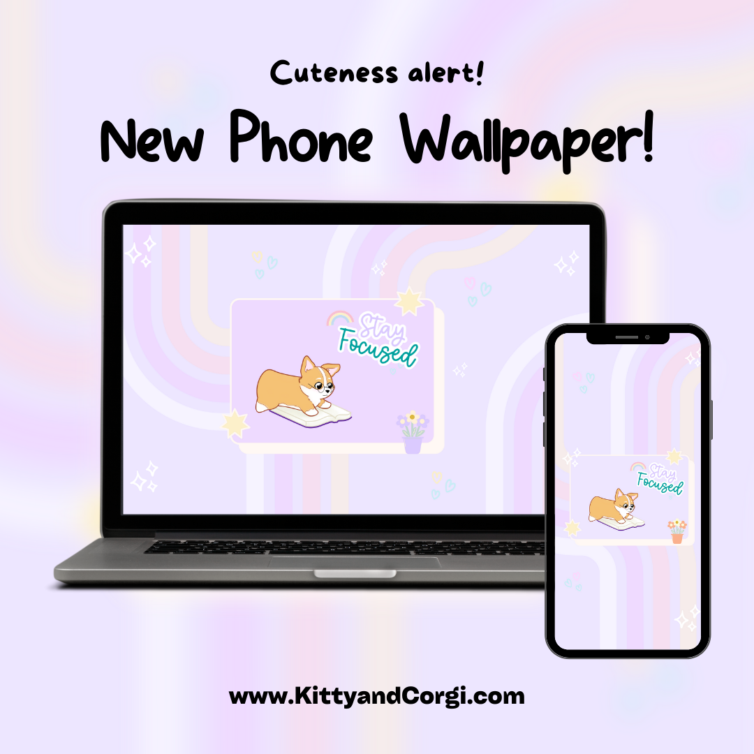 Corgi Retro Inspired Desktop Wallpaper - Stay Focused - Various Colors