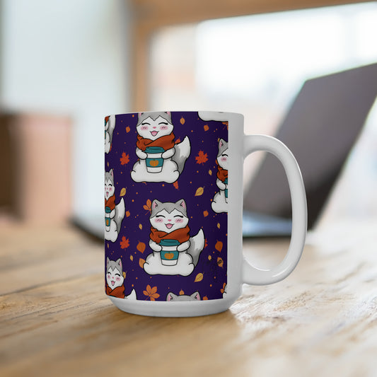 Kitty loves her seasonal Fall drinks! - Purple patterned mug - 15oz