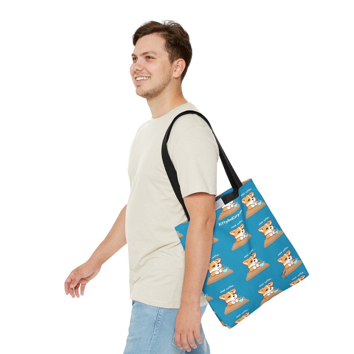 Corgi Needs Coffee - Repeating Pattern in Turquoise - Tote Bag