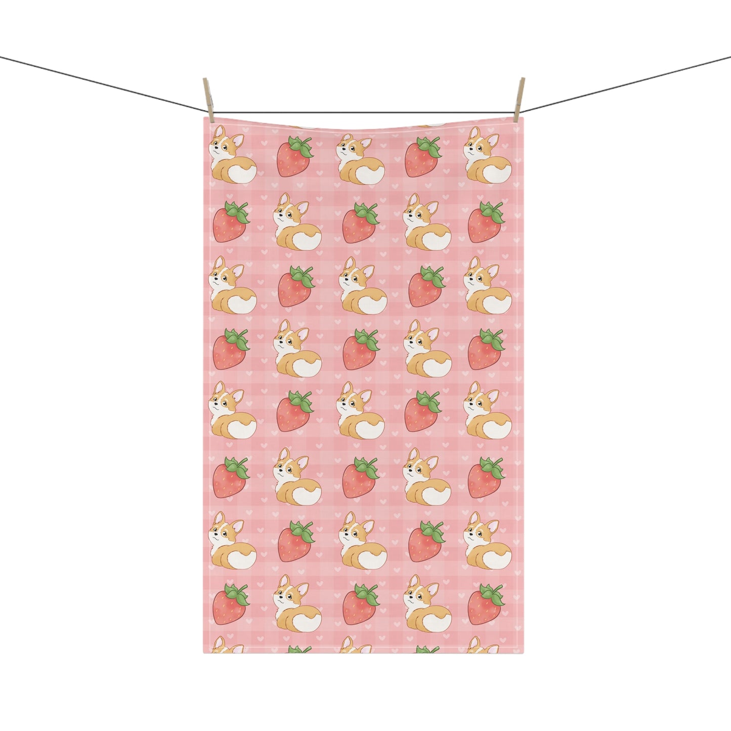 Corgi Butt and Strawberries Pink Hearts Gingham Kitchen Towel