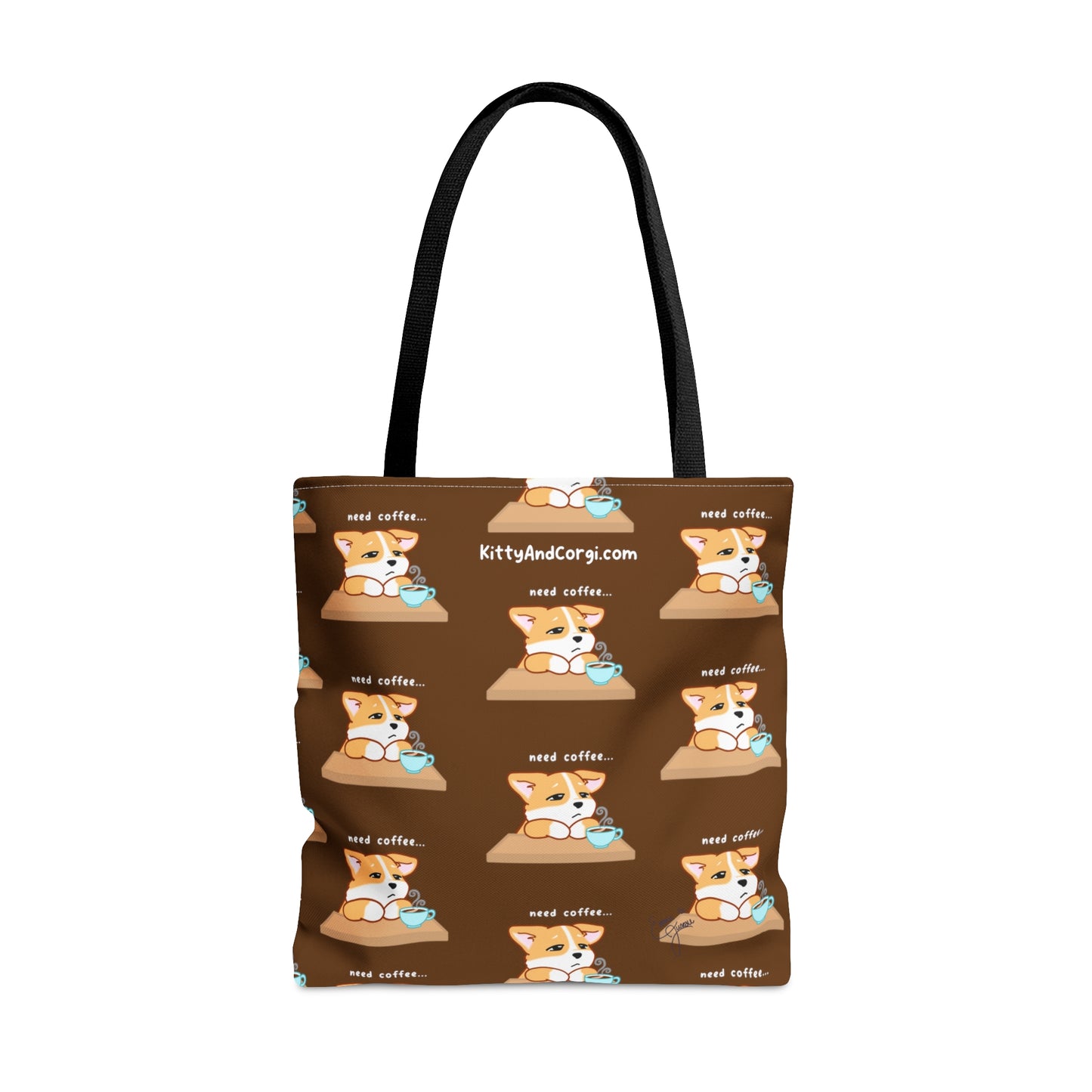 Corgi Needs Coffee - Repeating Pattern in Coffee Brown - Tote Bag