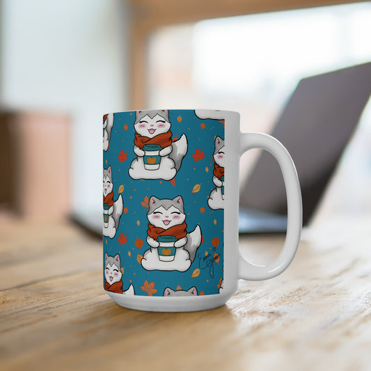 Kitty loves her seasonal Fall drinks! - Turquoise patterned mug - 15oz