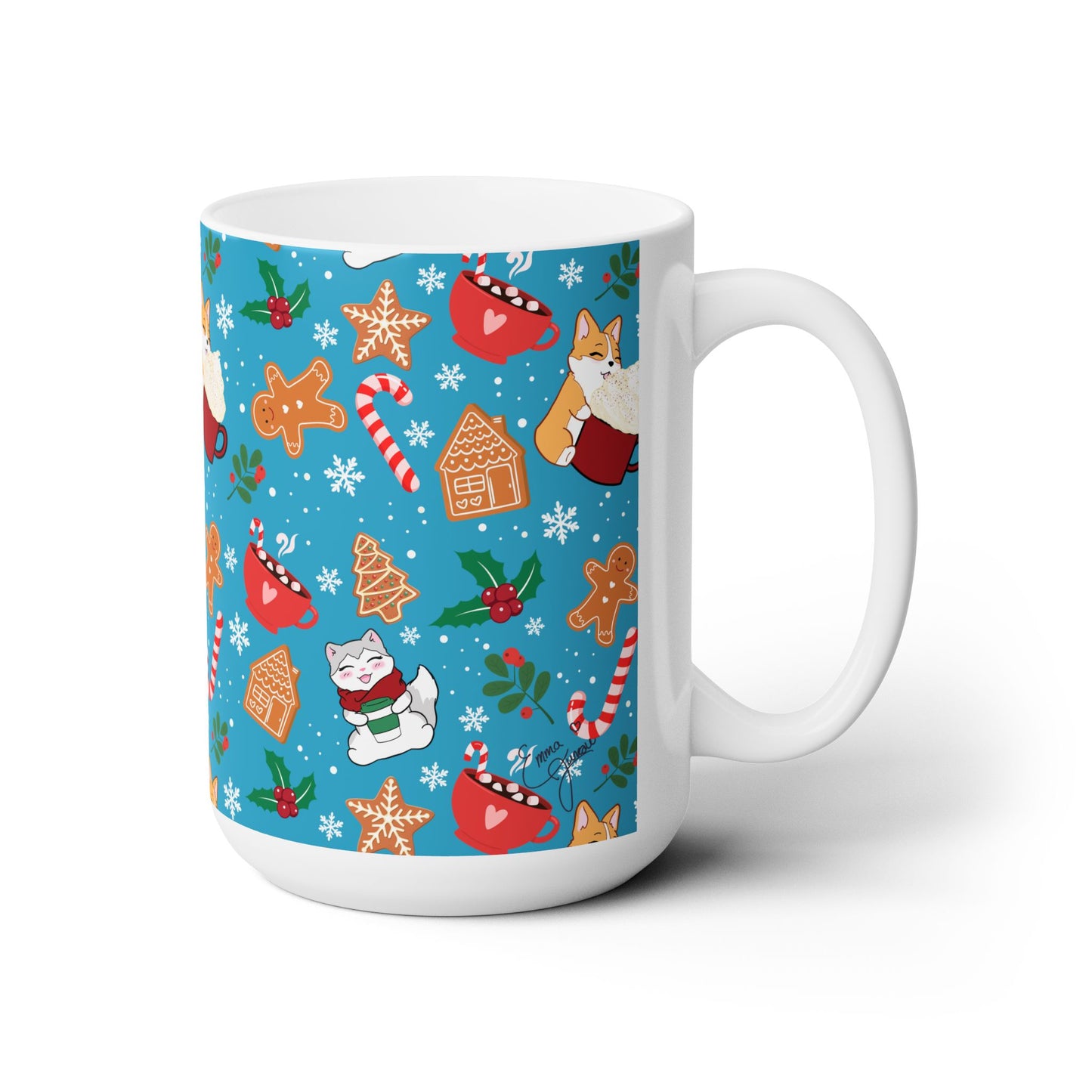 Kitty and Corgi Cocoa and Gingerbread Patterned Christmas Mug - 15 oz