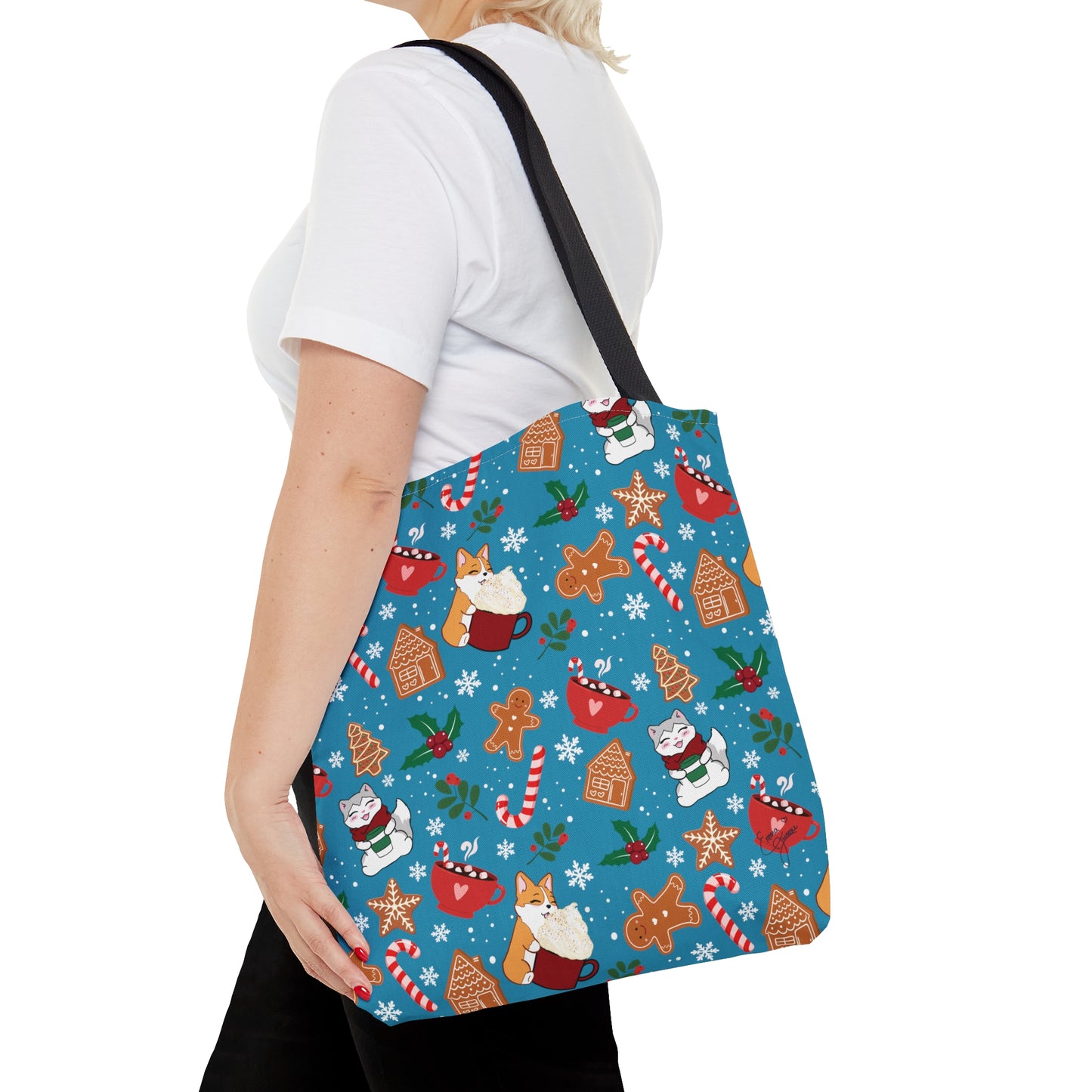 Kitty and Corgi Cocoa and Gingerbread Patterned Turquoise Tote Bag