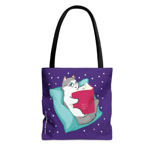 Kitty Reading a Book - single design - Dark Purple Tote Bag (AOP)