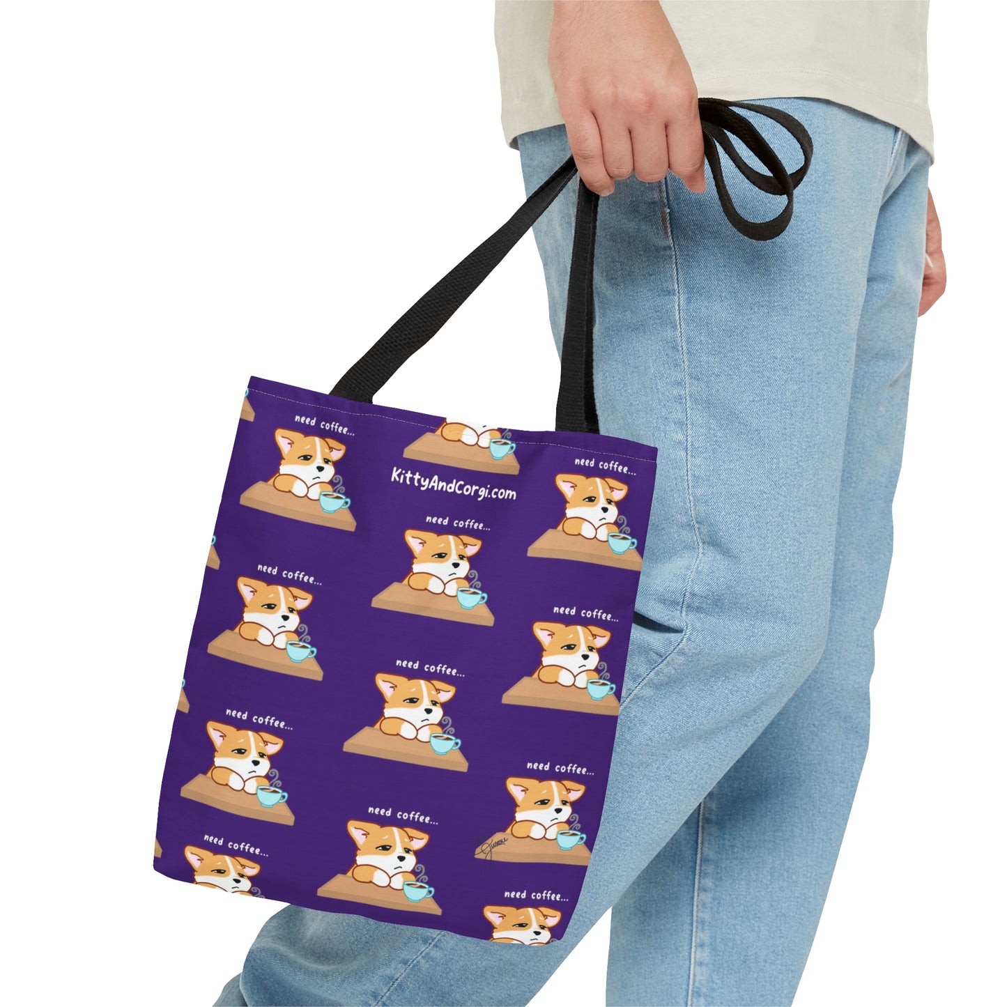 Corgi Needs Coffee - Repeating Pattern in Dark Purple - Tote Bag
