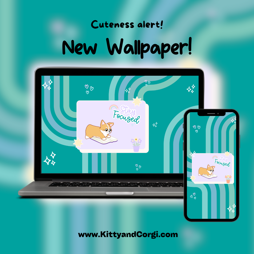 Corgi Retro Inspired Desktop Wallpaper - Stay Focused - Various Colors