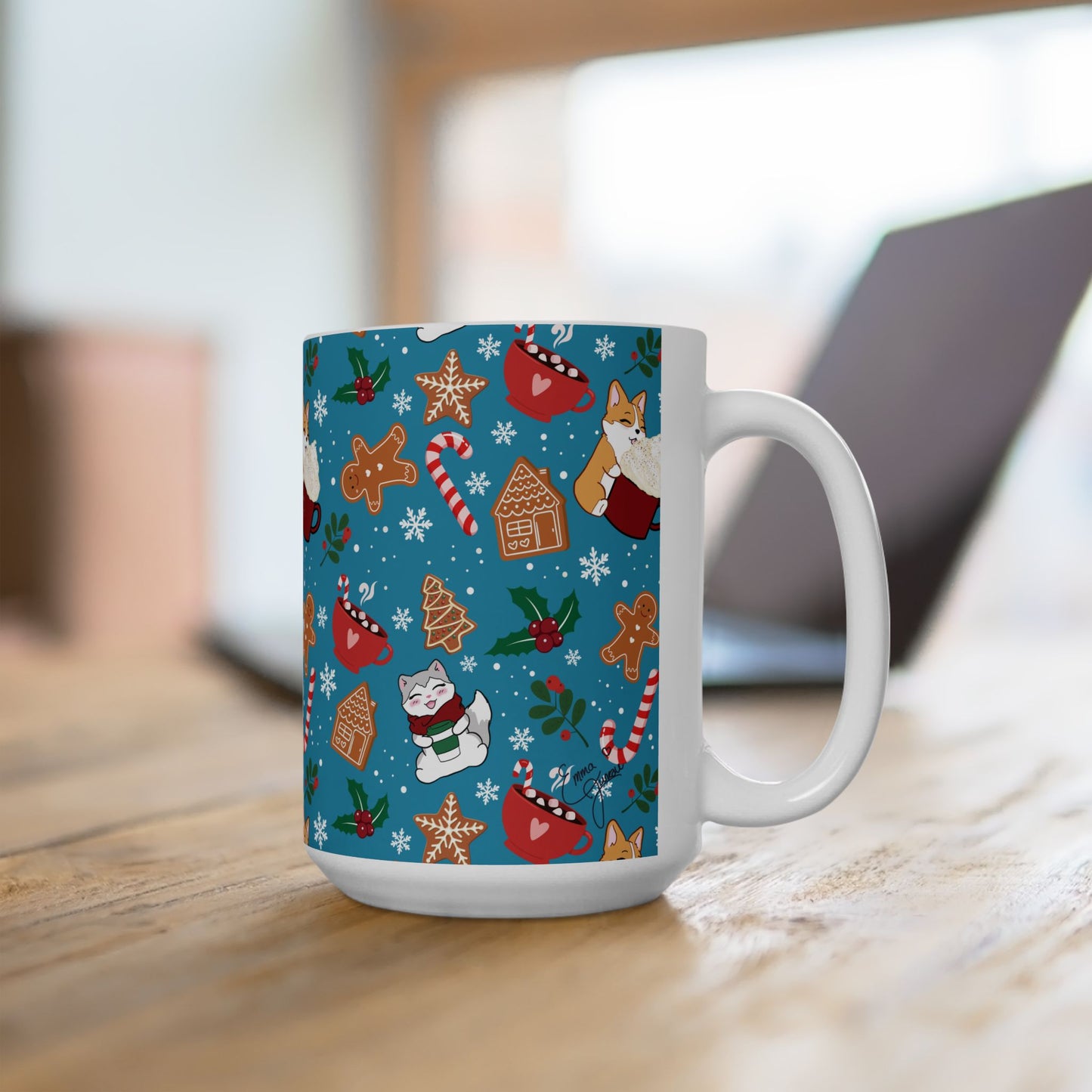 Kitty and Corgi Cocoa and Gingerbread Patterned Christmas Mug - 15 oz