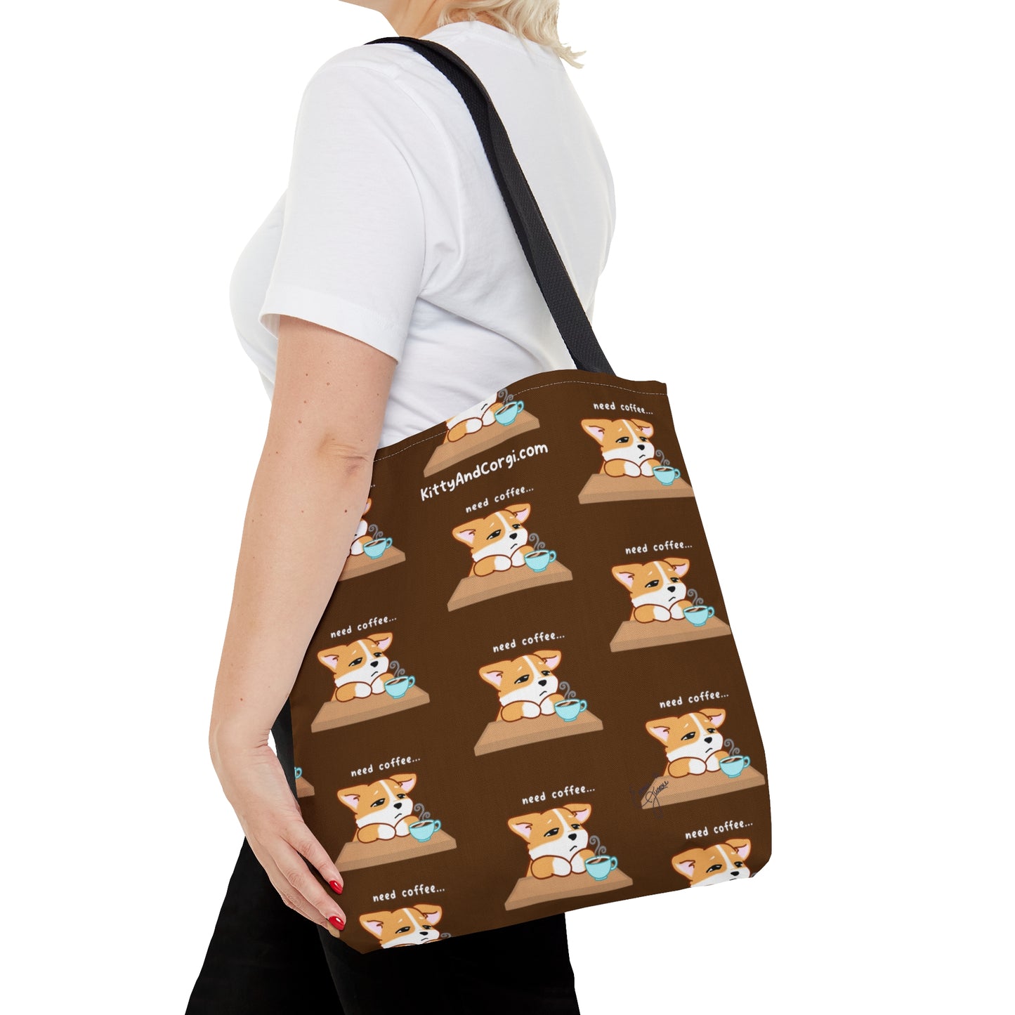 Corgi Needs Coffee - Repeating Pattern in Coffee Brown - Tote Bag