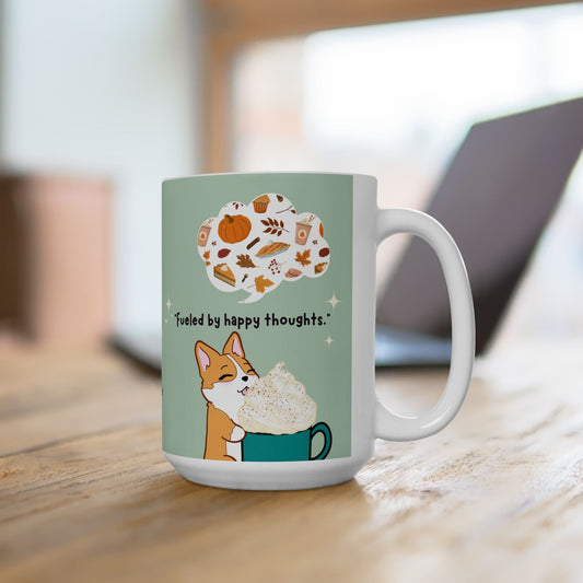 Kitty and Corgi Fueled by Happy Thoughts for Autumn Lovers - sage green - 15 oz Mug