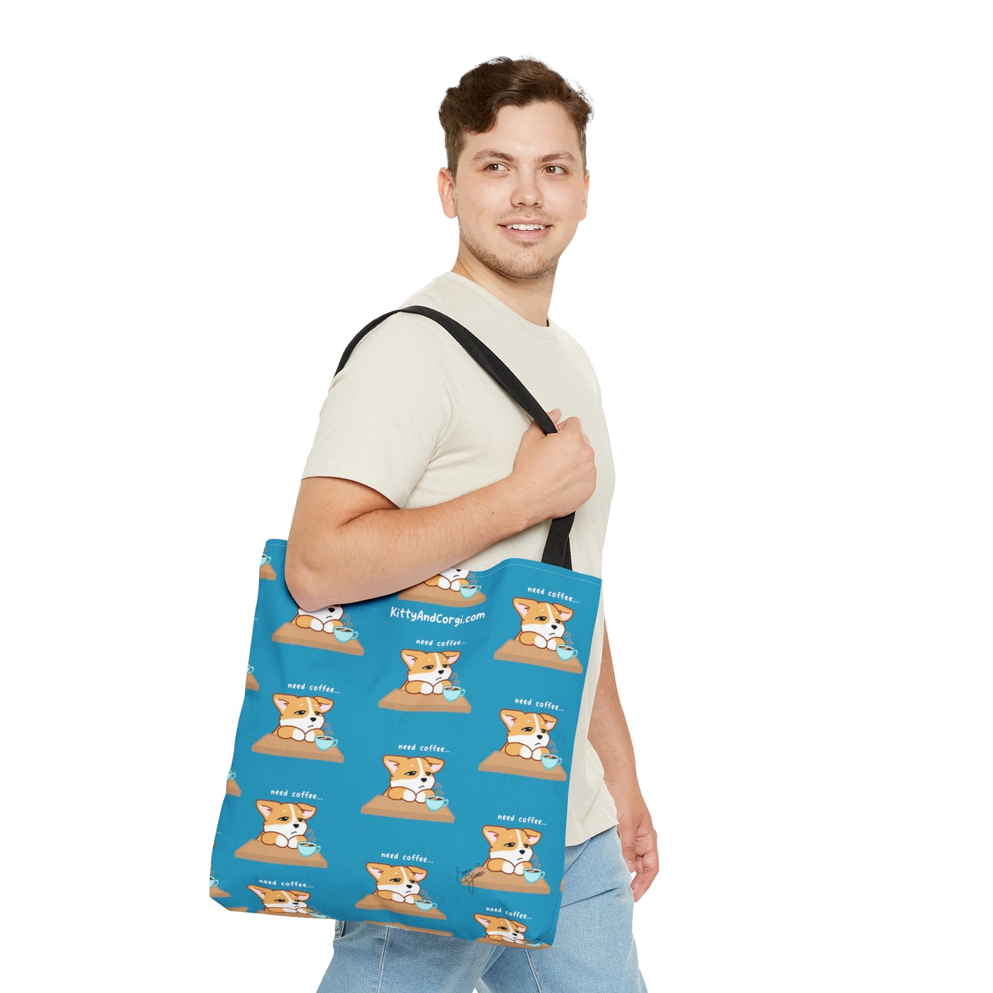 Corgi Needs Coffee - Repeating Pattern in Turquoise - Tote Bag