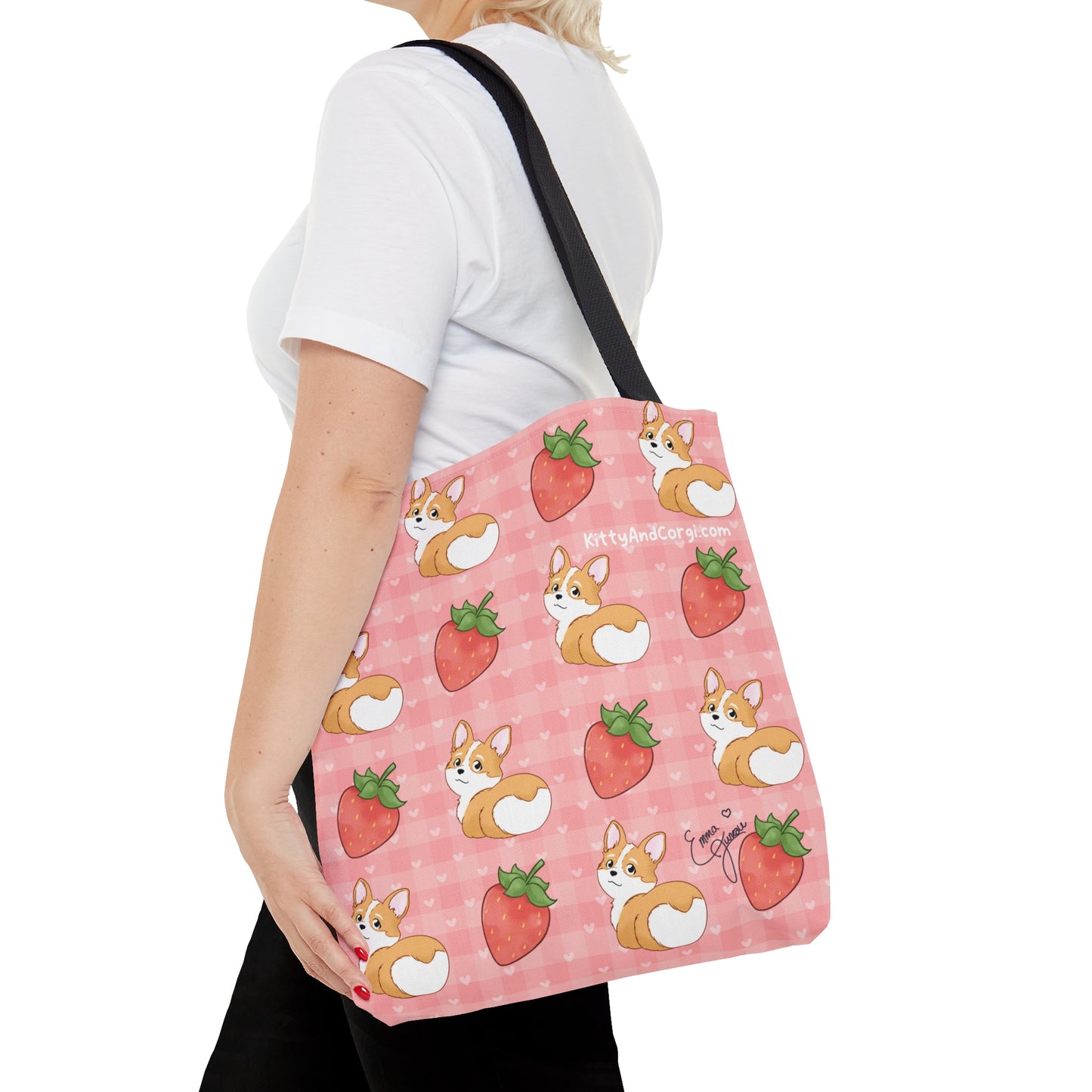 Corgi Butt and Strawberries Pink Heart Gingham Tote Bag