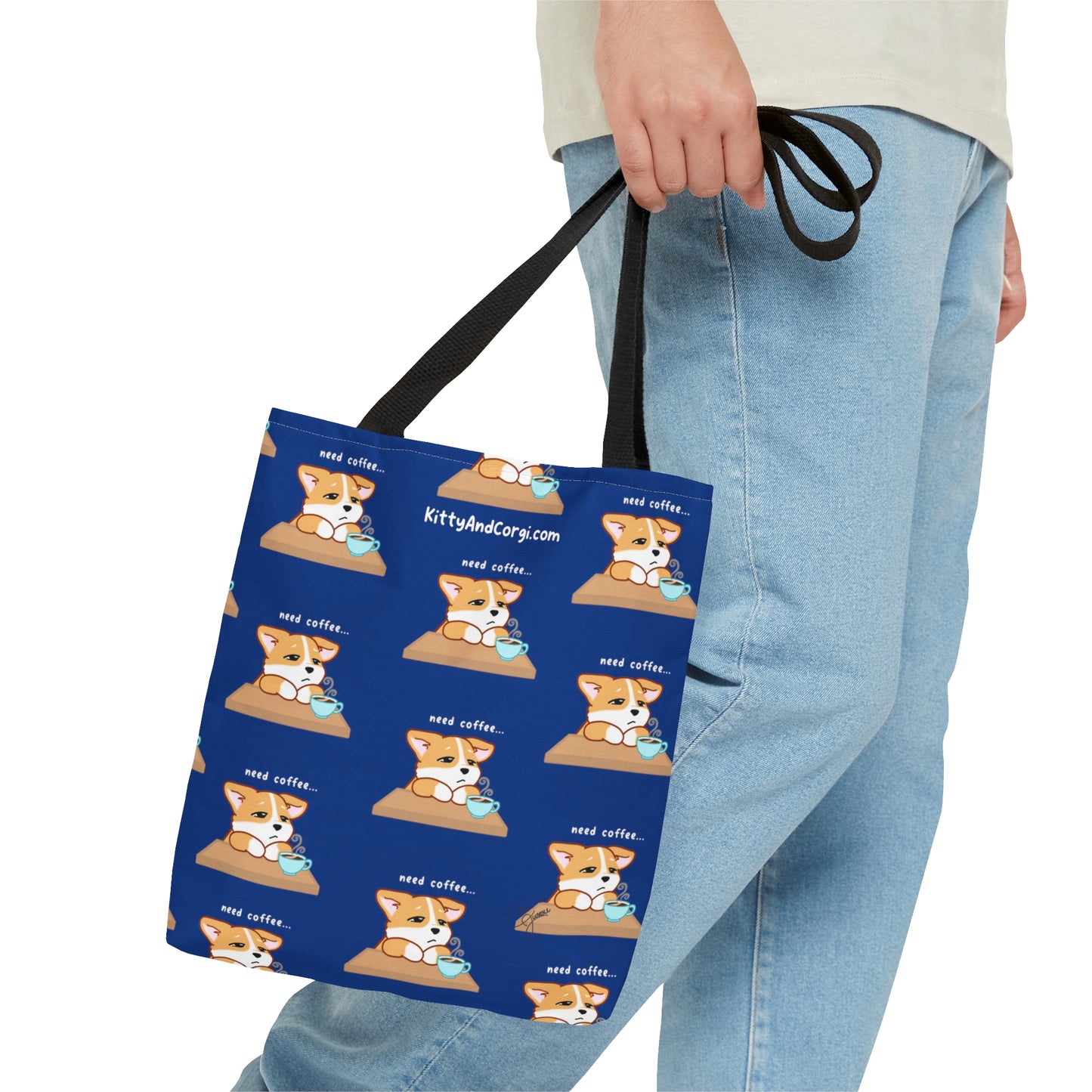 Corgi Needs Coffee - Repeating Pattern in Midnight Blue - Tote Bag